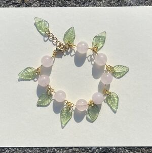Leafy Rose Quartz Charm Bracelet - Gold